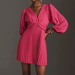 Anthropologie Aureta Pleated Long-Sleeve V Neck Midi Dress Sz M Party Holiday